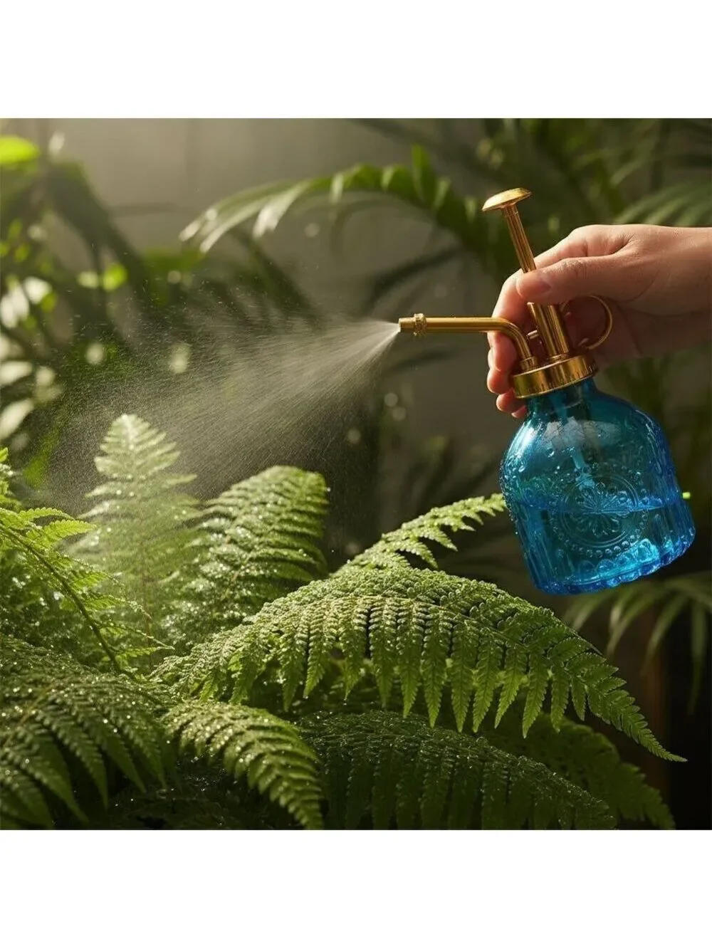 Blue Glass Plant Mister Spray Bottle Gold Pump Orchid Bonsai Air Plant